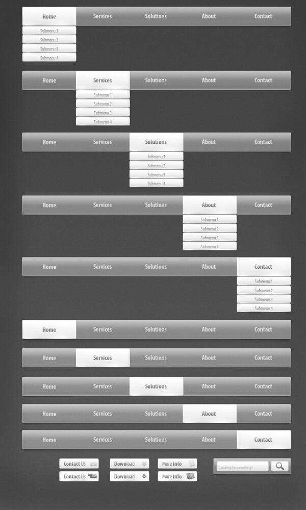 灰色网页下拉菜单导航条PSD