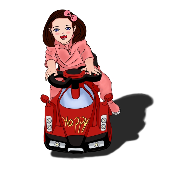 儿童节卡通插画开玩具车的小女孩