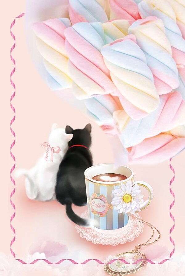 糖果色棉花糖猫咪咖啡海报背景素材