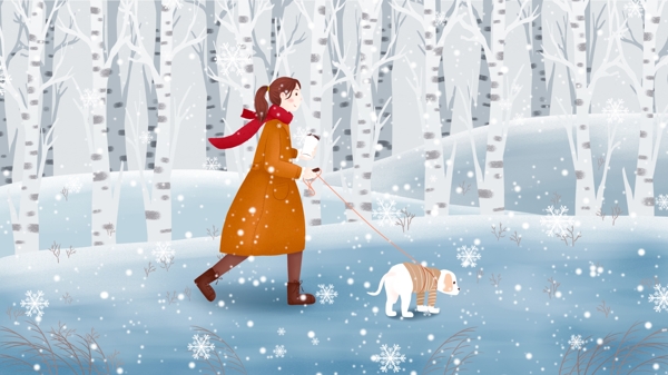 小雪节气森林女孩遛狗插画