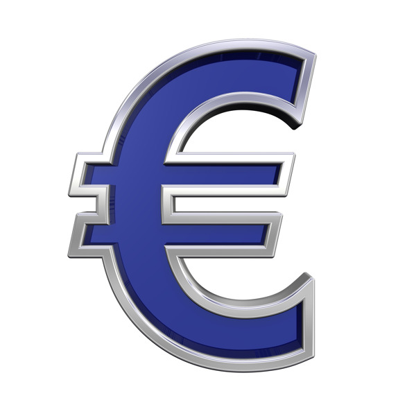 欧元符号从铬框架字母蓝色玻璃组
