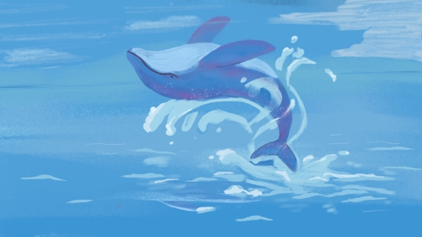 蓝色海洋中跳跃的蓝色鲸鱼卡通背景