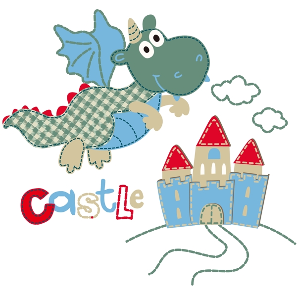印花矢量图卡通动物火龙卡通元素城堡免费素材