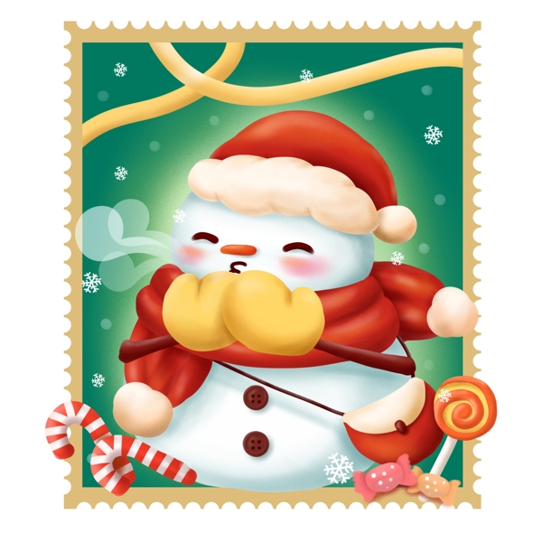 手绘圣诞雪人冬天取暖邮票可爱可商用元素