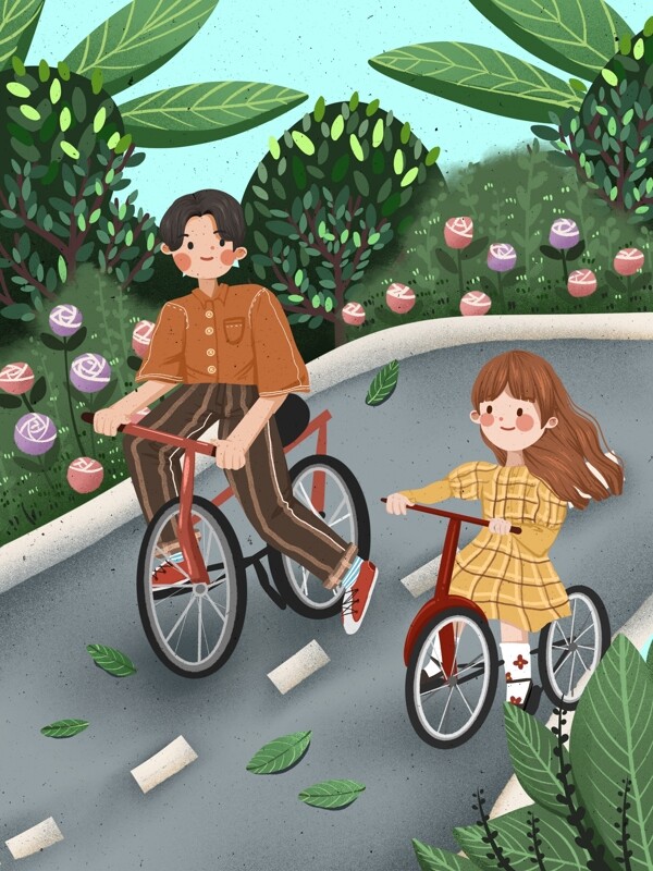 低碳环保绿色出行父亲带女儿骑车可爱温馨