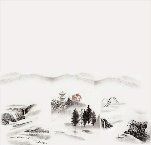 山树山水画中国风塔图片