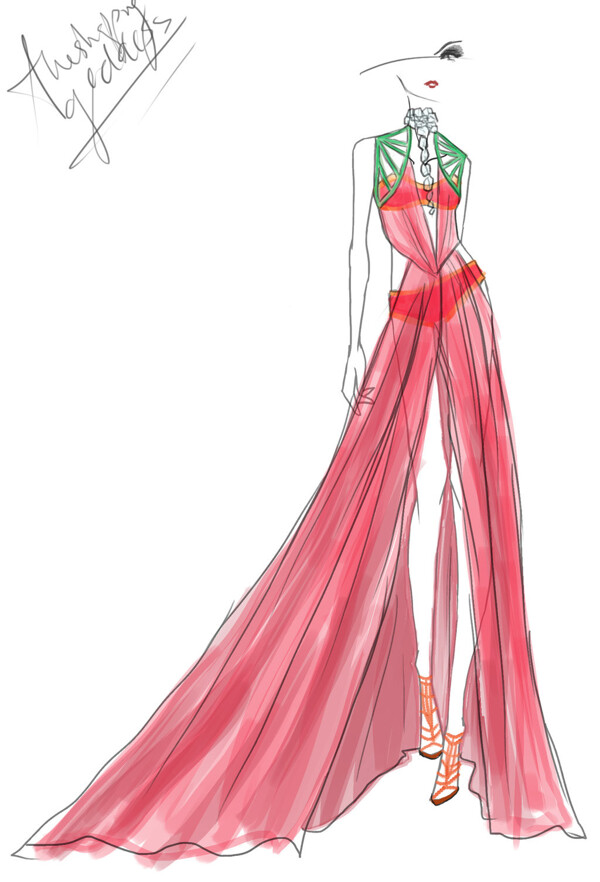 红色开叉长裙设计图