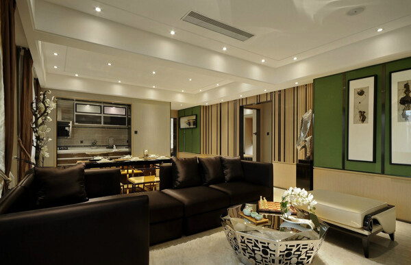 现代时尚客厅深绿色背景墙室内装修效果图
