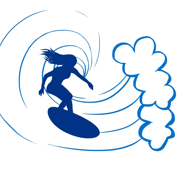 夏日海洋蓝色浪花女人冲浪手绘图片下载