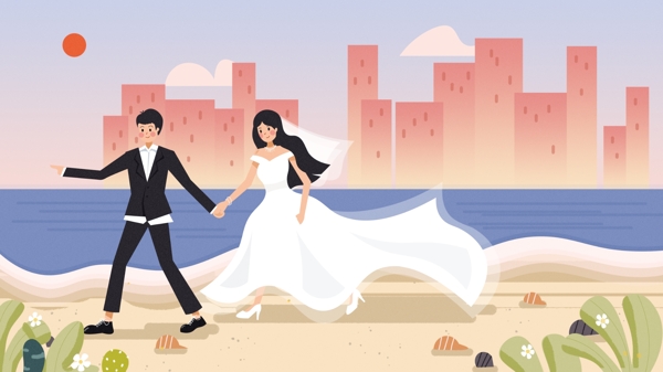 清新海滩婚礼人物插画