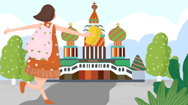 世界旅游日女孩旅行俄罗斯旅行手绘插画配图