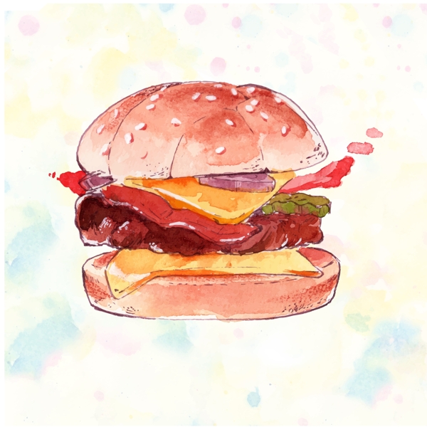 水彩绘美味的汉堡插画