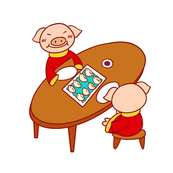 手绘卡通矢量猪年新年可爱小猪吃饺子