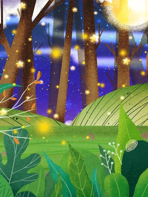 晚安你好手绘水彩树林背景素材