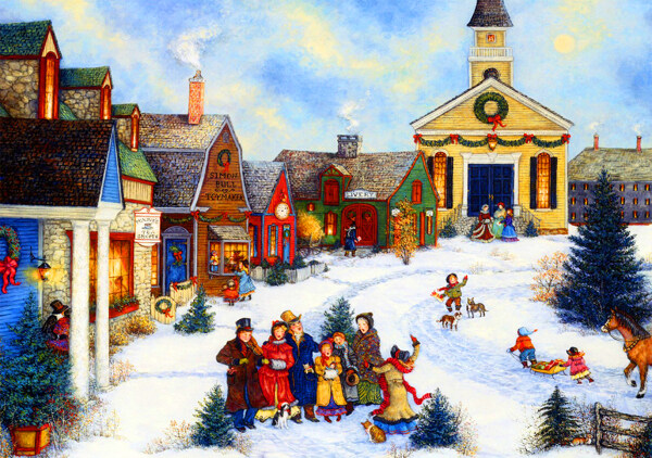 油画小镇圣诞夜图片