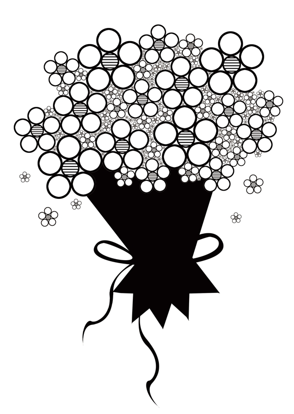 黑白花束原创插画类通过大小拉开层次形成