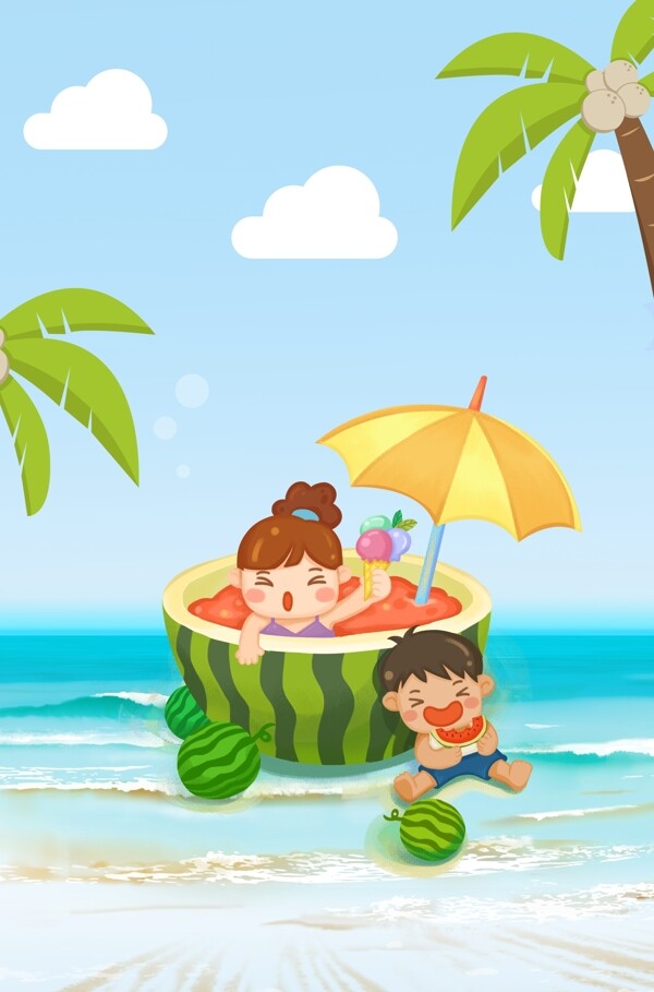 夏季吃西瓜女孩男孩手绘清新海岛广告背景
