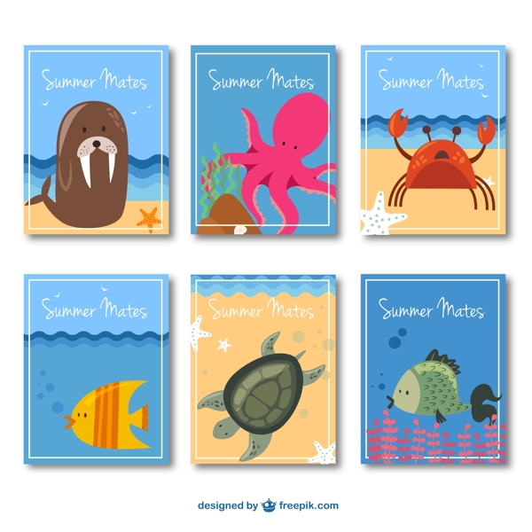 8款可爱夏季动物卡片矢量