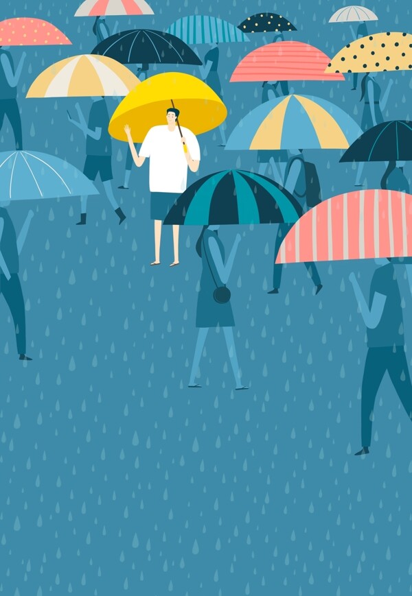 清新彩绘雨中人群背景设计