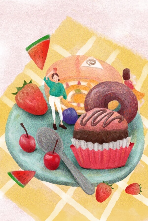 甜品美食清新插画卡通背景素材图片