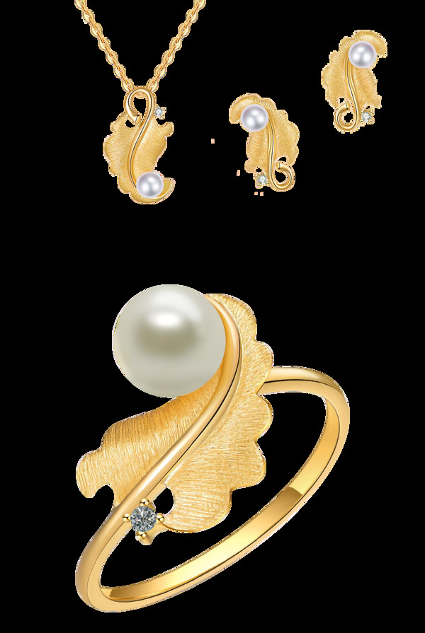 免抠高清黄金镶嵌珍珠戒指耳环图片