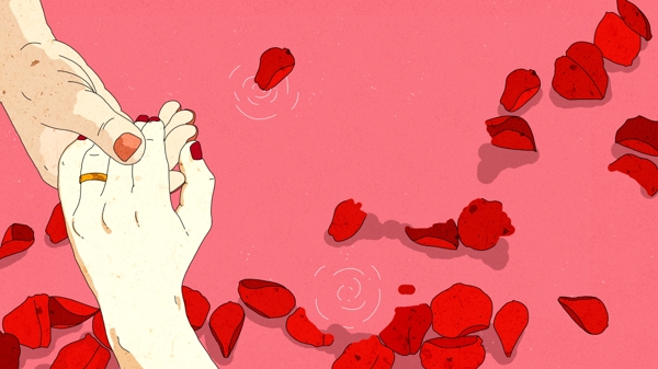 七夕情人节紧握的双手和玫瑰花瓣背景