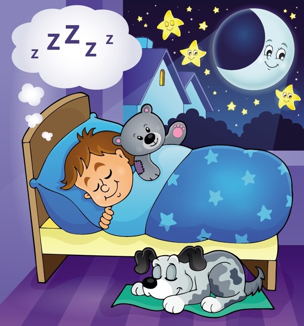 睡梦中的孩子和月亮矢量素材