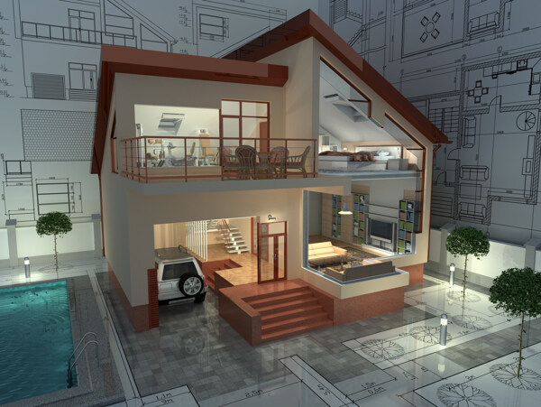 渲染的房屋模型与图纸