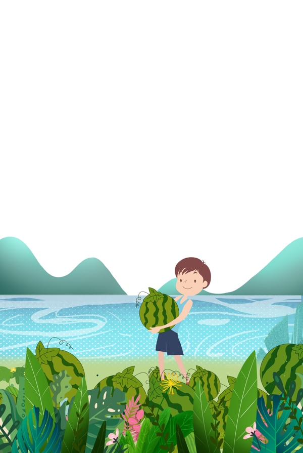 卡通八月盛夏瓜田河边摘西瓜绿色植物背景