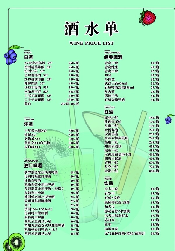 水果绿色小清新菜单酒水单海报图片