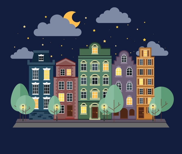 创意城市夜景建筑插画