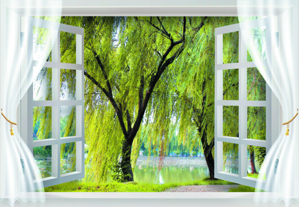 3D假窗风景柳树装饰画