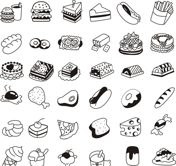 矢量食物小图标甜点三明治汉