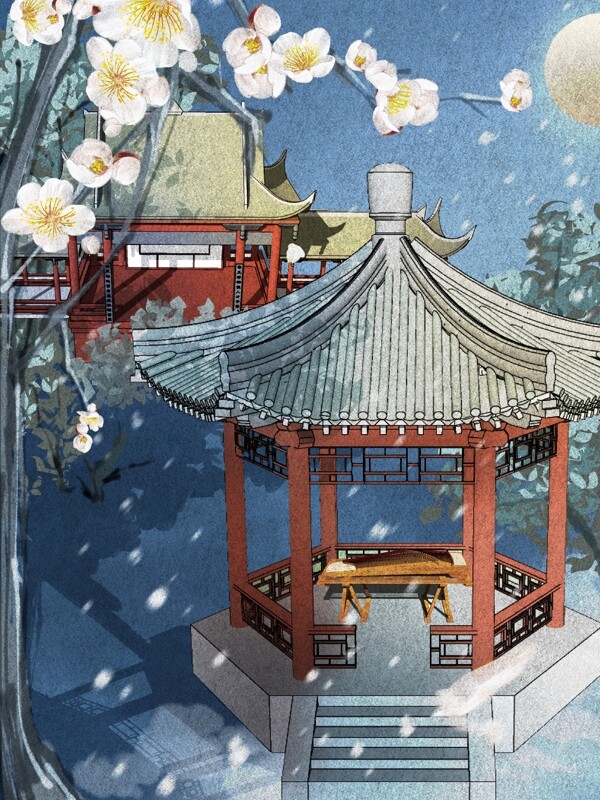 原创中国传统文化建筑与乐器古风插画