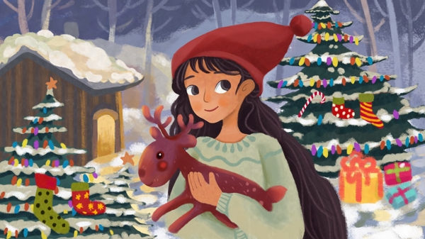 女孩抱小鹿圣收礼物诞节插画