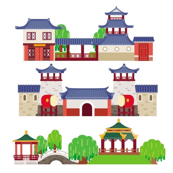 蓝色屋顶扁平化中国古代建筑房屋矢量素材