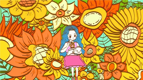 花丛女孩向日葵插画