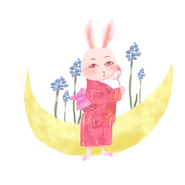七夕粉色兔子月兔插画可商用元素