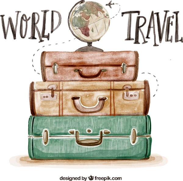 彩绘环球旅行行李箱和地球仪矢量