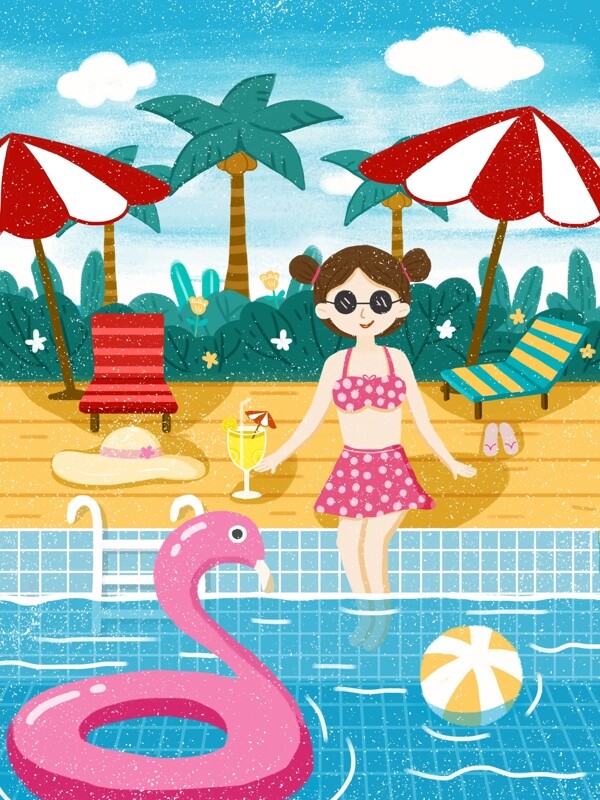 二十四节气大暑夏天泳池少女插画
