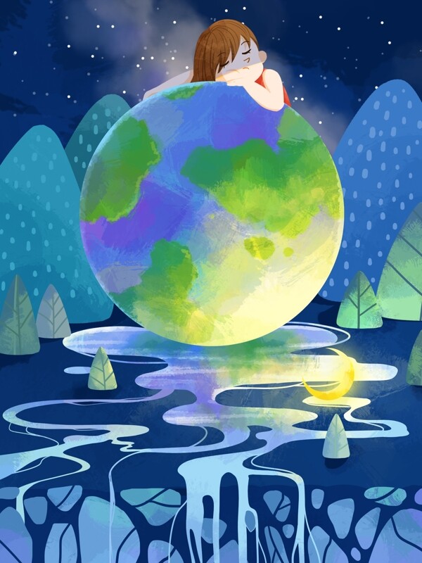 原创插画地球日小女孩怀抱地球保护环境