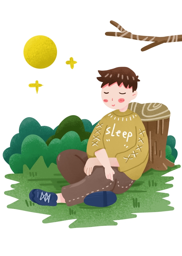 靠着树桩睡觉的男孩