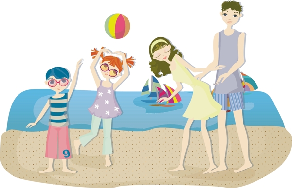 沙滩游玩人物插画