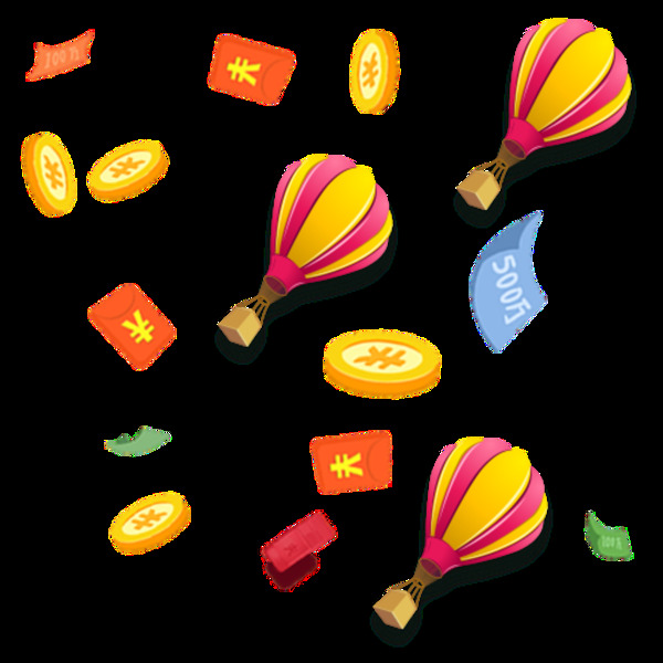 卡通金币红包热气球图案元素
