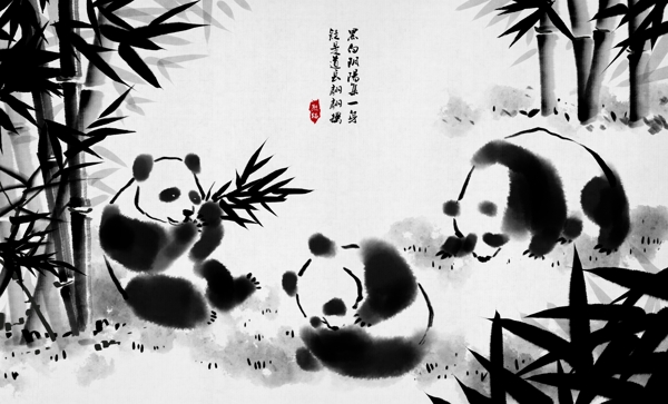 熊猫笔墨水彩传统国风插画背景