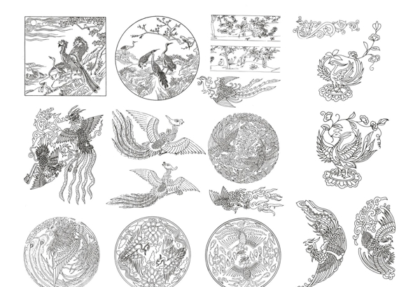 中国古代传统凤凰手绘矢量图案图片