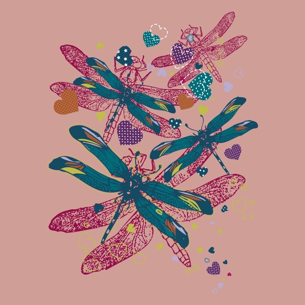 印花矢量图T恤图案图文结合动物蜻蜓免费素材
