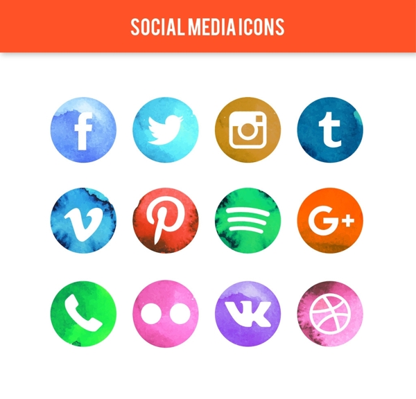 水彩圆形的社交媒体图标