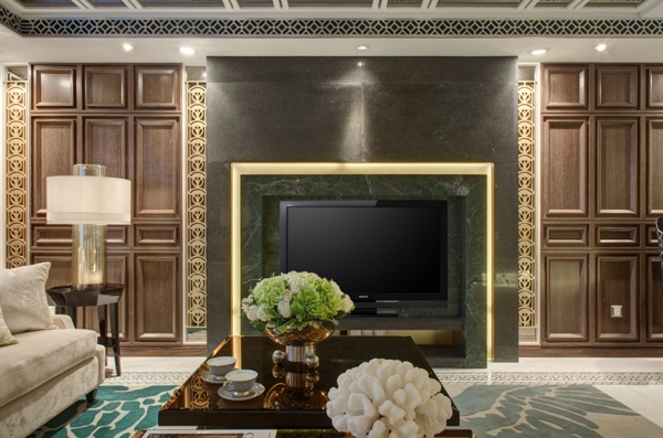 中式客厅灰色电视背景墙装修效果图