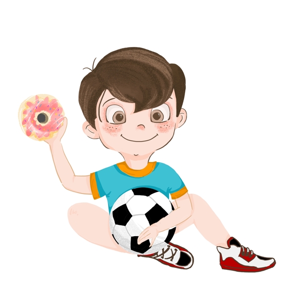 快乐六一拿着甜甜圈和足球的小男孩